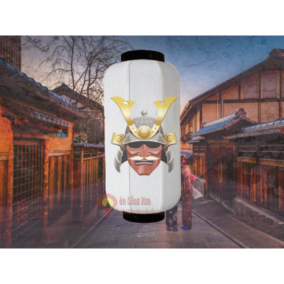 đèn lồng nhật trắng in biểu tượng mặt nạ samurai nan dọc