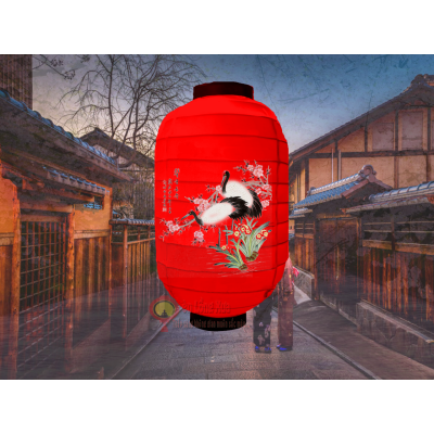 đèn lồng nhật vẽ đôi chim hạc màu đỏ nan ngang