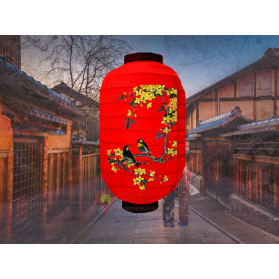 đèn lồng nhật đỏ vẽ chim và hoa vàng nan ngang