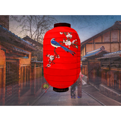 đèn lồng nhật đỏ vẽ chim trên cành hoa vàng nan ngang