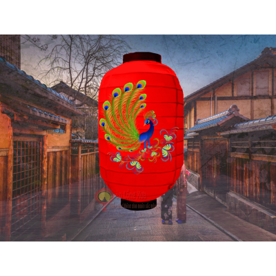 đèn lồng nhật đỏ in chim công đang mua nan nang