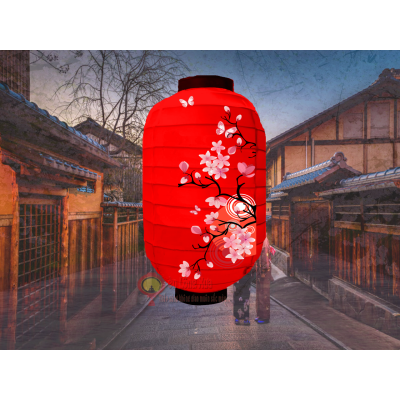 đèn lồng nhật đỏ in hoa đào nan ngang