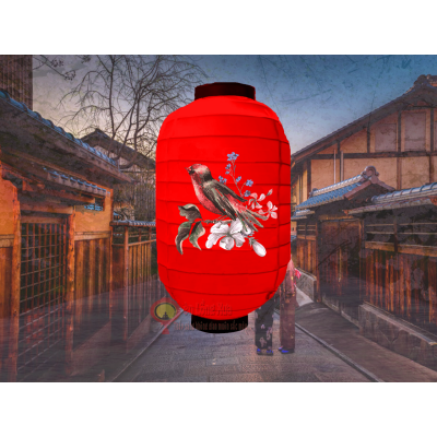 đèn lồng nhật đỏ in hình chim đang hót nan ngang