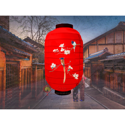 đèn lồng nhật đỏ in hình đôi chim chào mào nan ngang