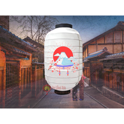 đèn lồng nhật trắng vẽ núi fuji và hoa nan ngang