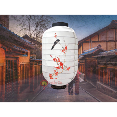 đèn lồng nhật trắng in hình chim đâu trên cây lựu nan ngang