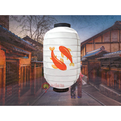 đèn lồng nhật trắng in hình hai con cá khoi đang bơi nan ngang
