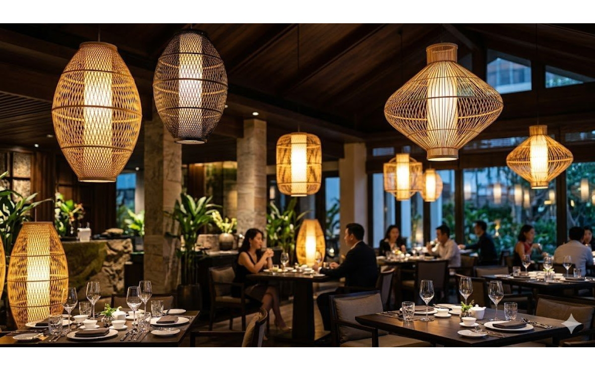 Nghệ Thuật Ánh Sáng Từ Đèn Lồng Tre Đan Trong Không Gian Nhà Hàng Cao Cấp